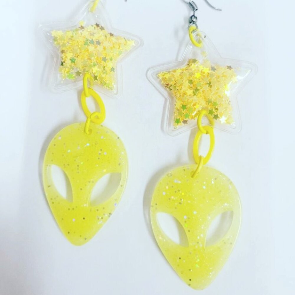 yellow inspired kawaii alien earrings